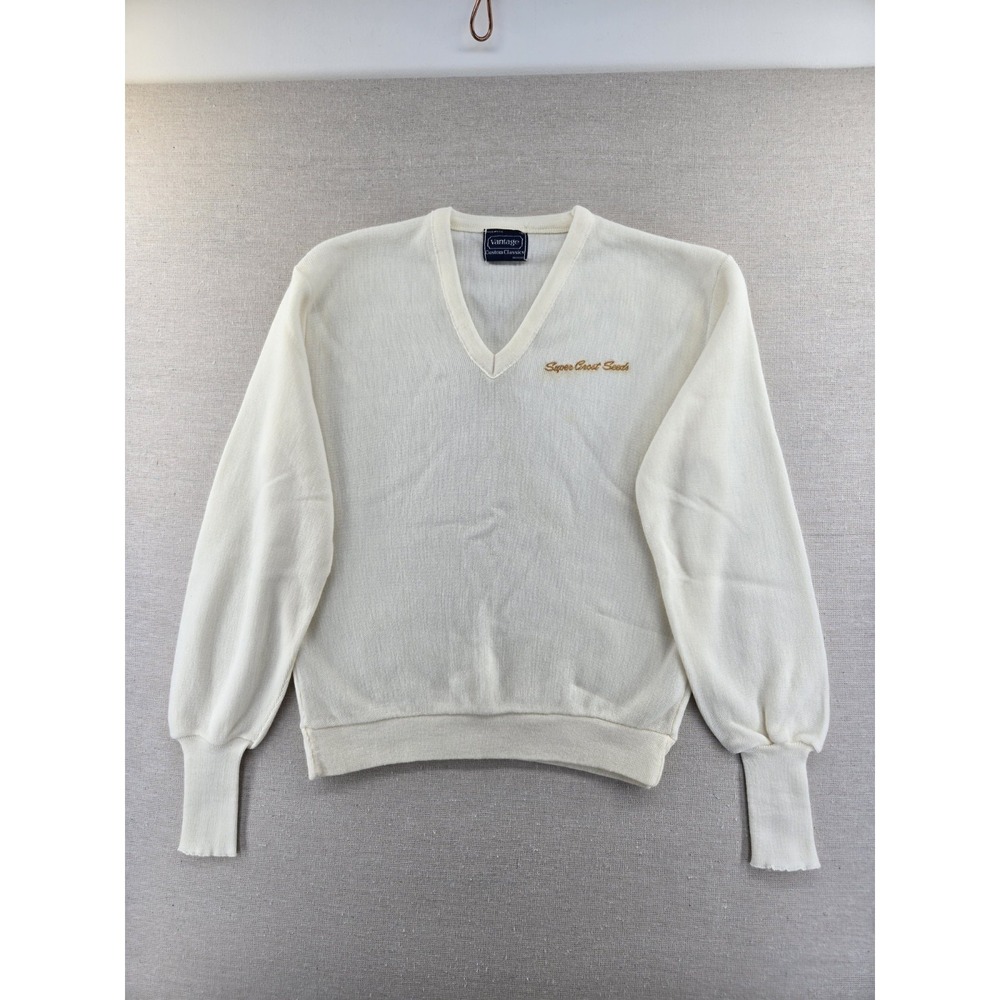 VTG V Neck Sweater Mens Small Off White Vantage Custom Classics Made In USA
